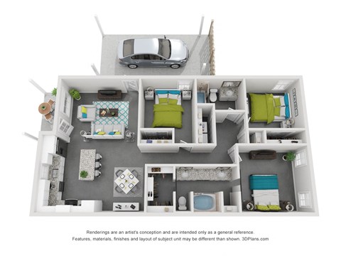 Floor plan for 3 beds, 2 baths, 1272 sqft